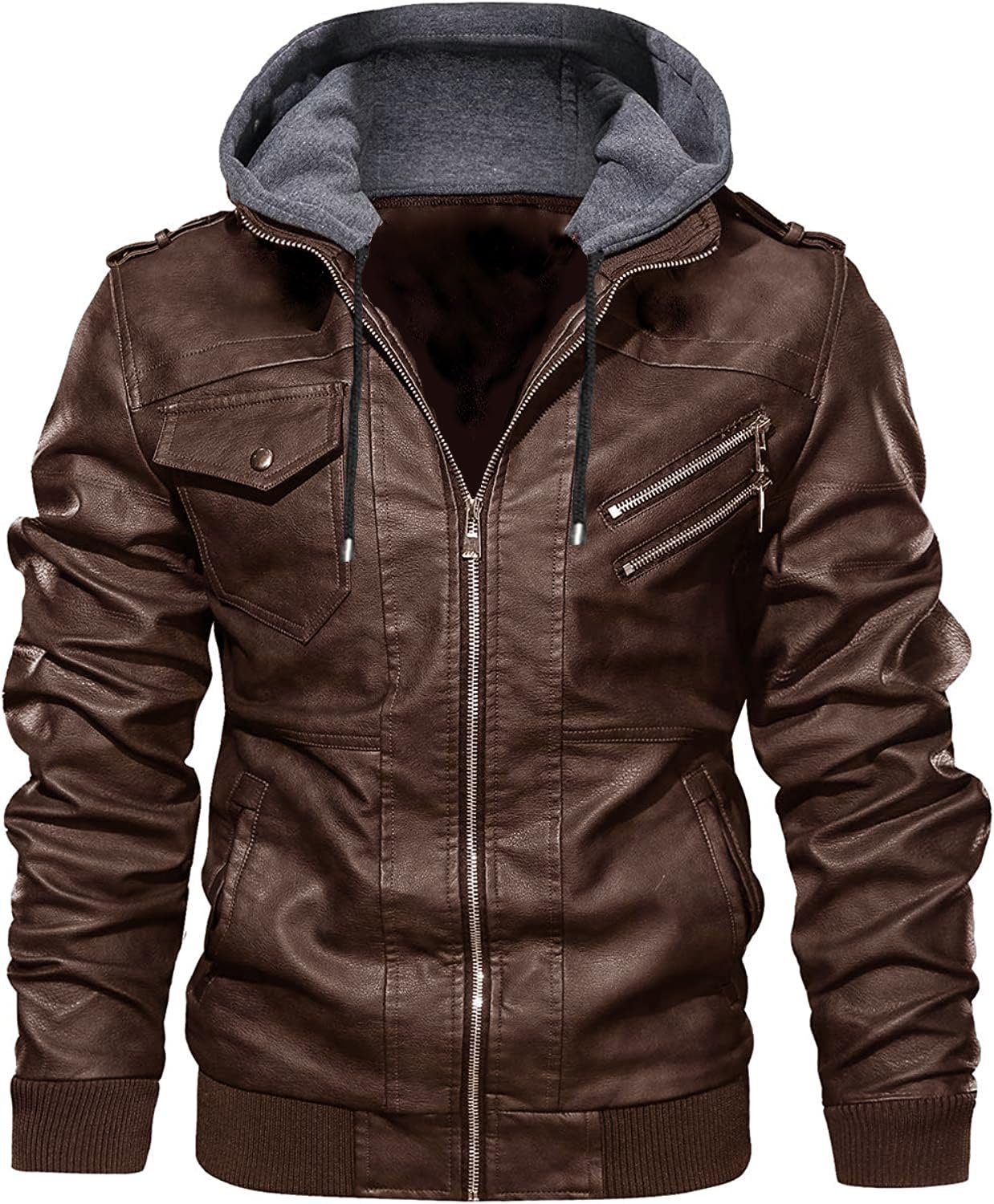 Faux Leather Hooded Motorcycle Jacket
