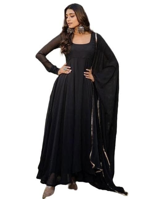 FIBREZA Women Georgette Plain Solid Traditional Ethnic Maxi Length Gown with Dupatta, Round Neck Full Sleeve Perfect for Festival, Party, Wedding