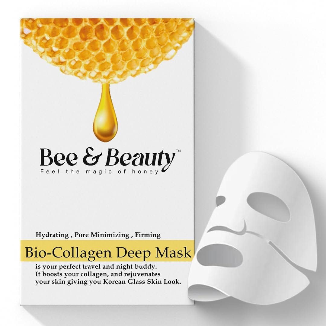 A diagram titled "Bee & Beauty" featuring the phrase "Feel the magic of honey." It lists benefits such as Hydrating, Pore Minimizing, and Firming. It highlights a Bio-Collagen Deep Mask as a perfect travel and night companion that boosts collagen and rejuvenates skin for a Korean Glass Skin Look. The design includes text with tags related to business cards.