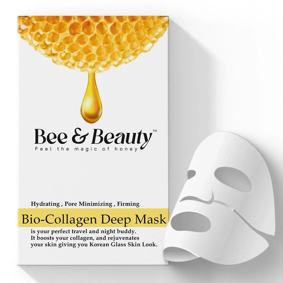 A diagram titled "Bee & Beauty" featuring the phrase "Feel the magic of honey." It lists benefits such as Hydrating, Pore Minimizing, and Firming. It highlights a Bio-Collagen Deep Mask as a perfect travel and night companion that boosts collagen and rejuvenates skin for a Korean Glass Skin Look. The design includes text with tags related to business cards.