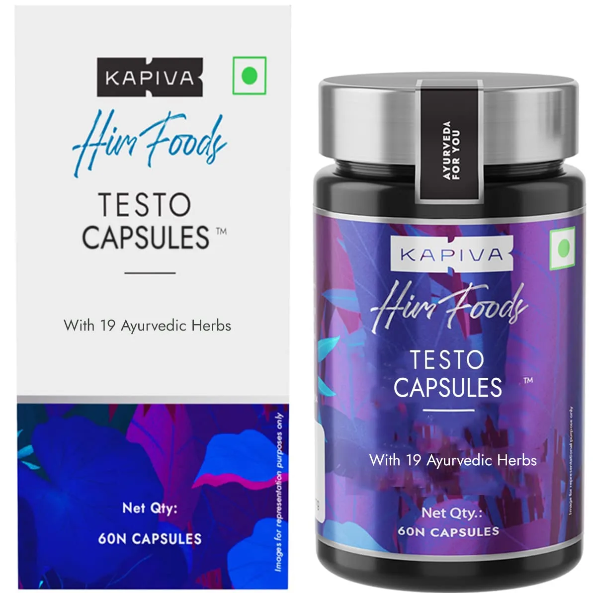 A graphical user interface displaying the KAPIVA Him Foods application. The design prominently features the product name "TESTO CAPSULES" along with the phrase "With 19 Ayurvedic Herbs". There’s information about the net quantity of 60 capsules. The overall layout includes text and a bottle image related to Ayurvedic health products.