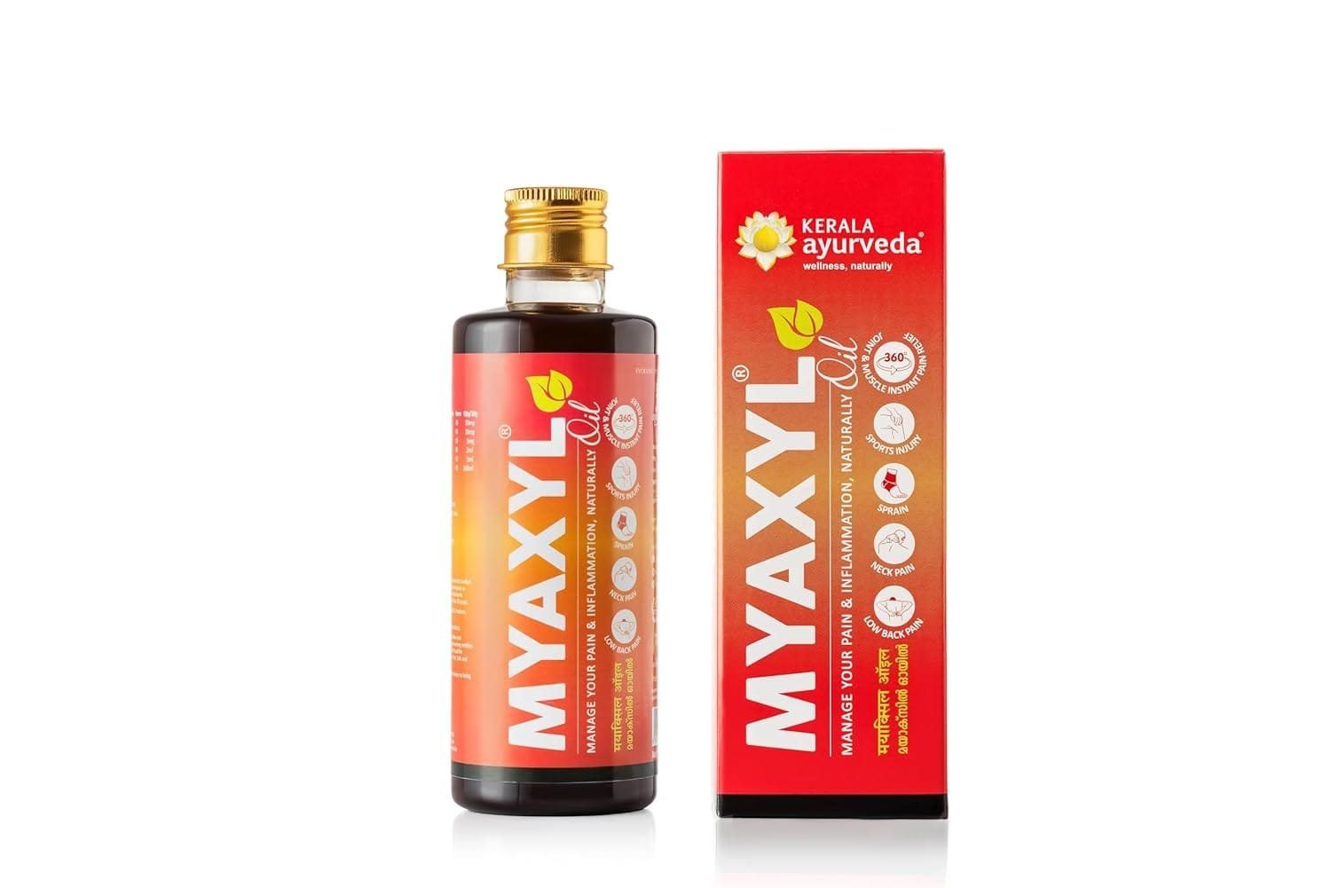Alt text: A glass bottle labeled "MYAXYL" with text indicating it is related to Ayurveda and is designed to manage pain and inflammation naturally, set against the backdrop of Kerala.