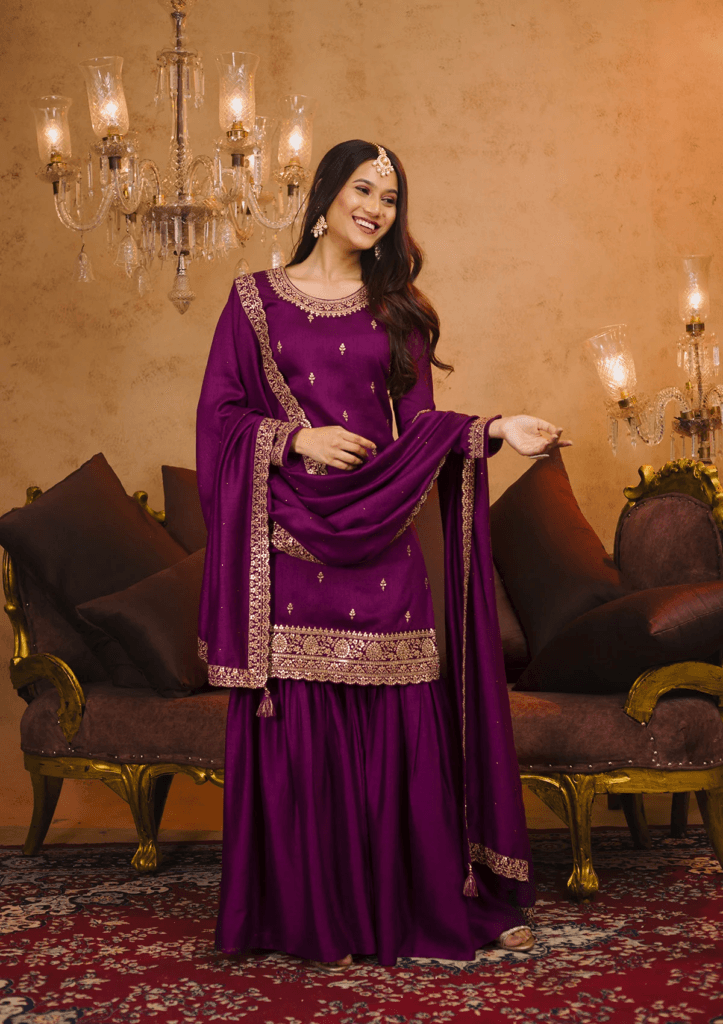 Purple Zariwork Raw Silk Readymade Sharara Suit