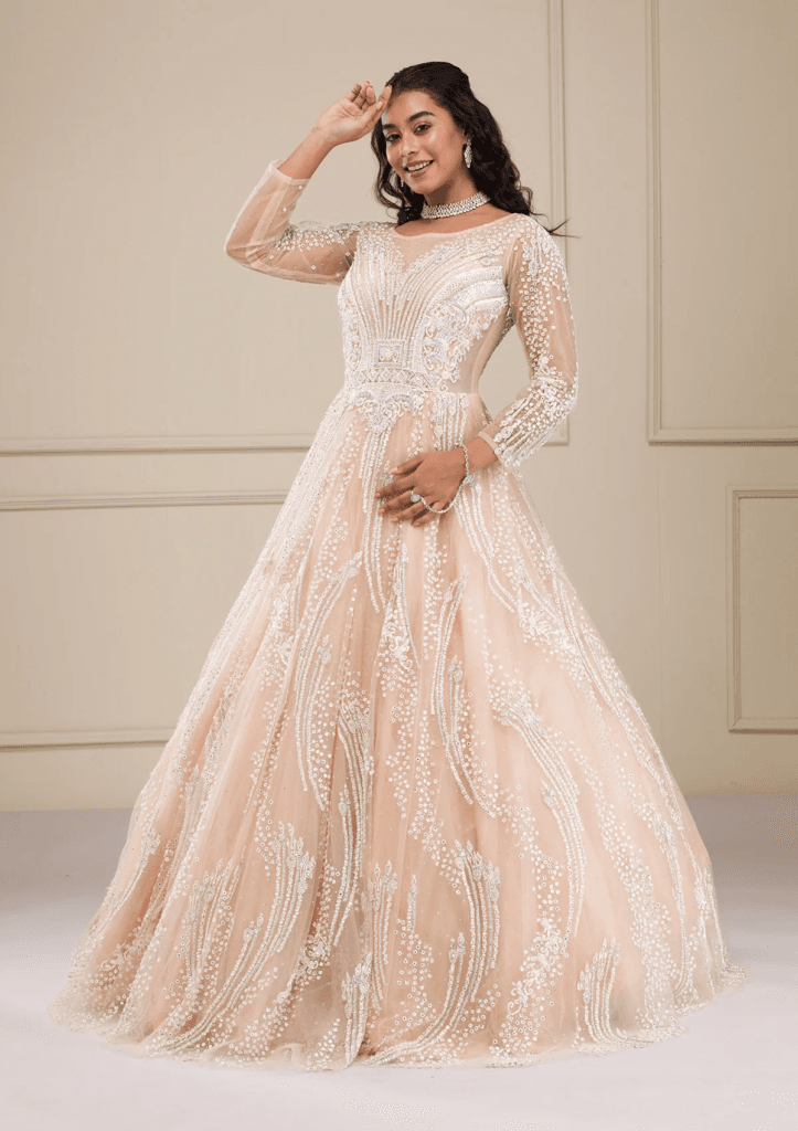 Beige Stonework Net Gown