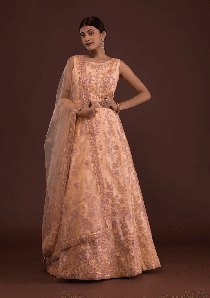 Peach Cutdana Net Designer Gown