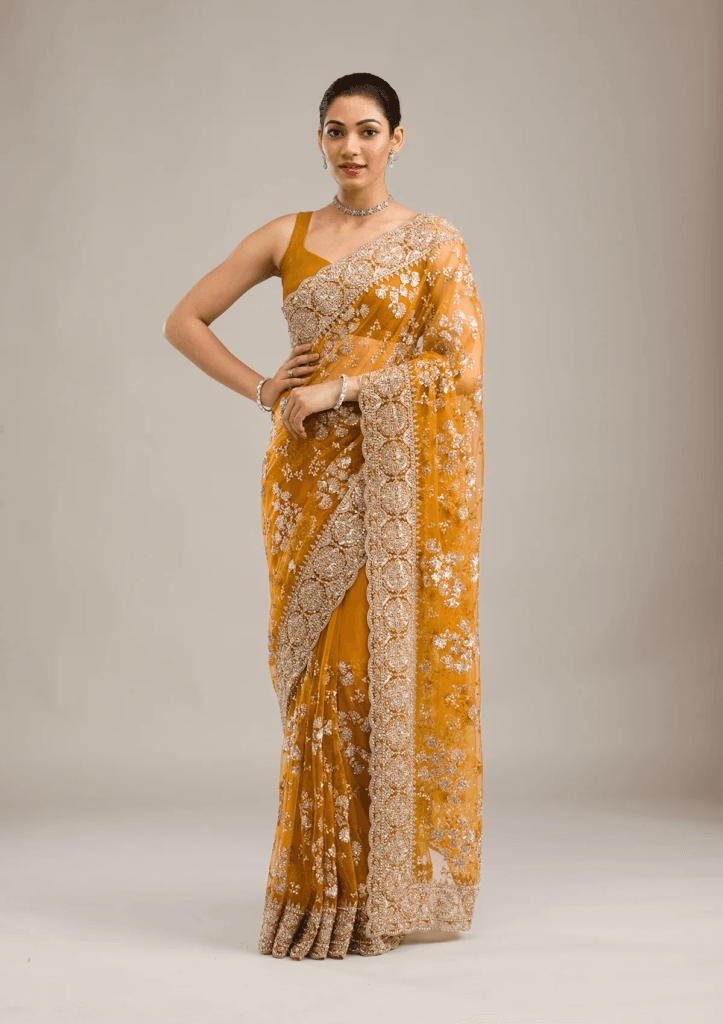 Mustard Zariwork Net Saree