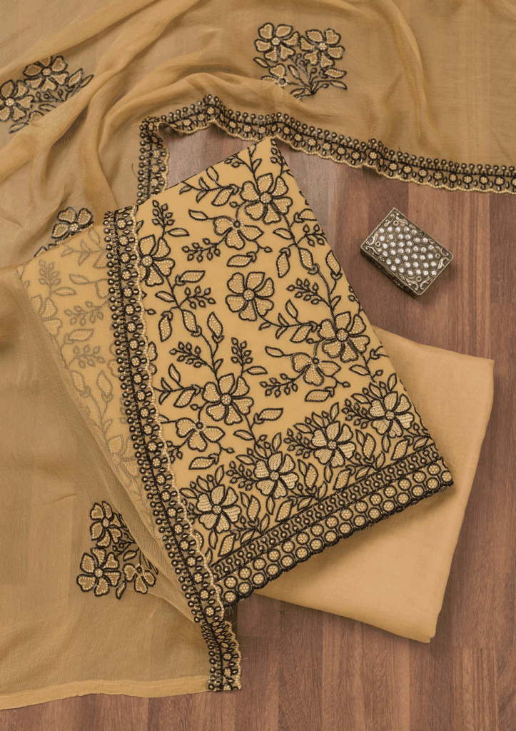 Yellow Threadwork Georgette Unstitched Salwar Suit