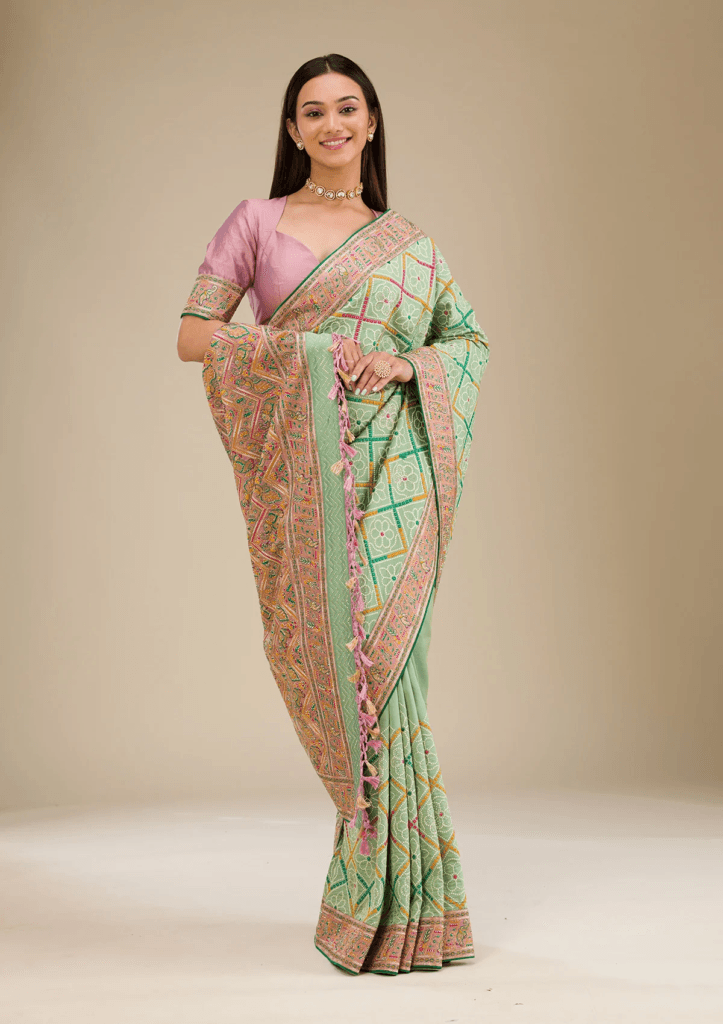 Pista Green Threadwork Soft Silk Saree