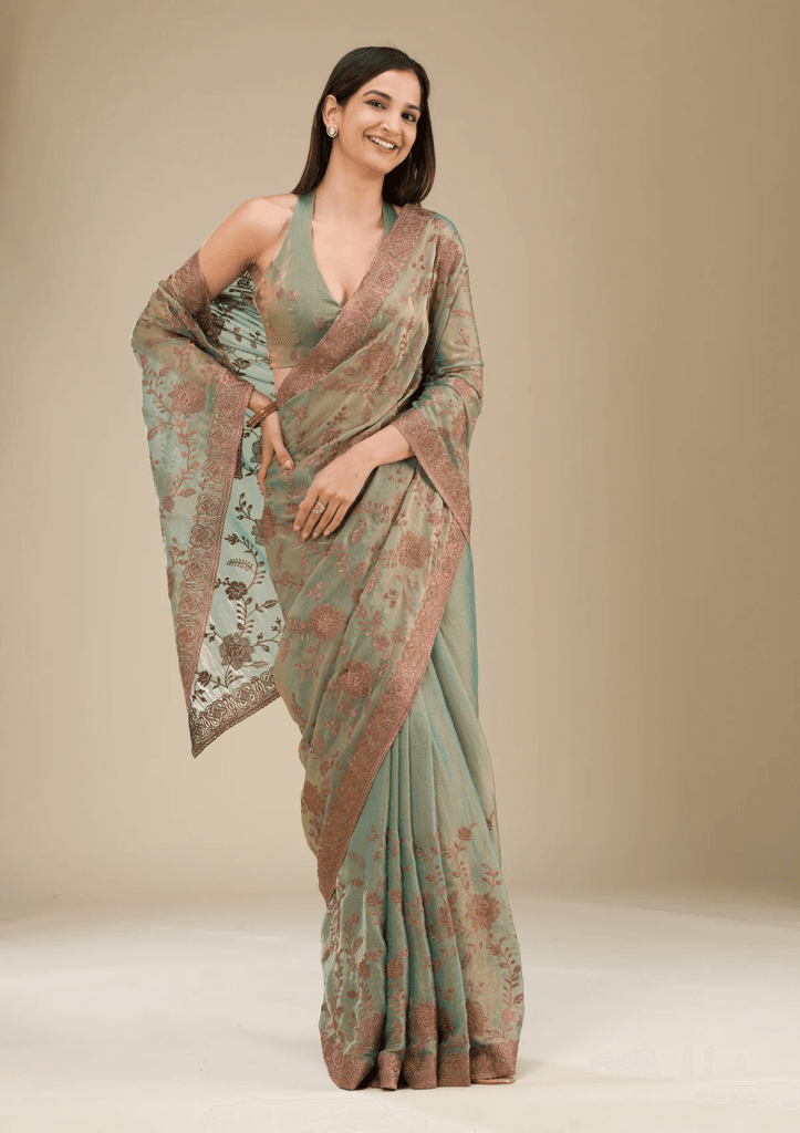 Pista Green Threadwork Raw Silk Saree