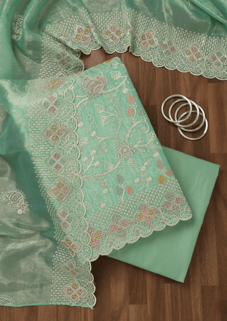 Sea Green Zariwork Semi Crepe Unstitched Salwar Suit