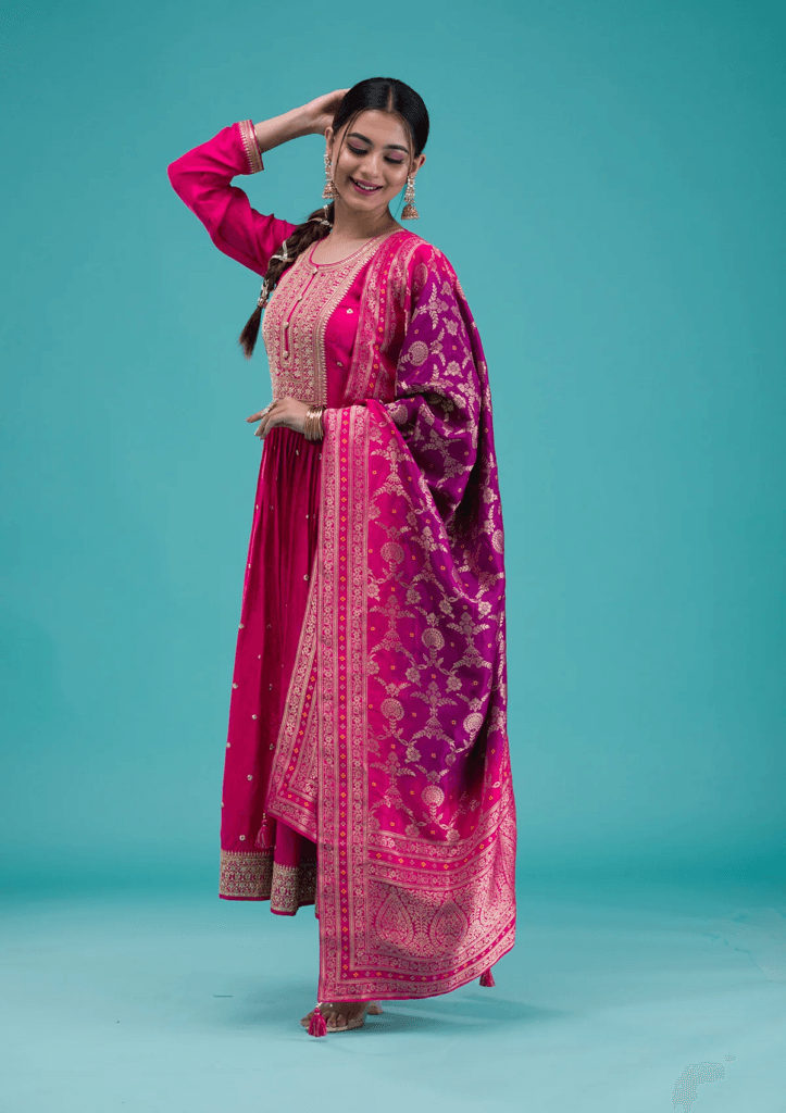 Rani Pink Zariwork Crepe Readymade Anarkali Suit