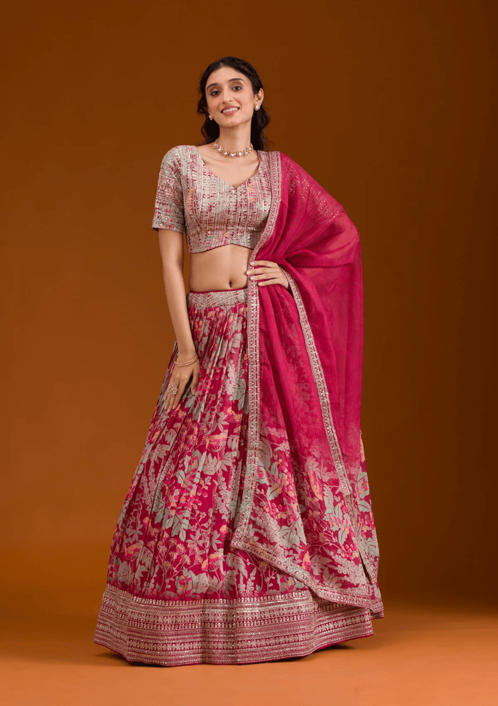 Maroon Printed Georgette Readymade Lehenga
