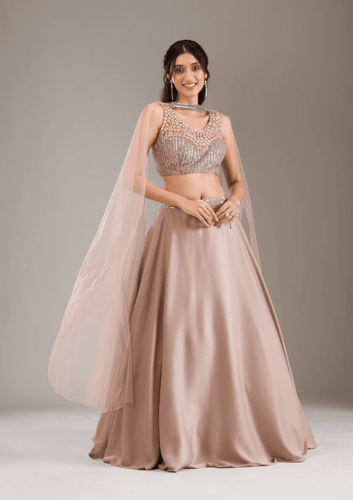 Light Brown Sequins Satin Readymade Lehenga