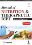 Graphical user interface of a website displaying the manual titled "Nutrition & Therapeutic Diet (As per INC Syllabus) 2nd Edition" by TK Indrani. The text is prominently featured in the center.