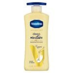 A bottle of yellow liquid labeled "Vaseline Intensive Care™" with text indicating it provides deep moisture and long-lasting moisturization for 48 hours, described as a jelly serum in lotion form.