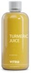 A yellow bottle of turmeric juice labeled "TURMERIC JUICE" with a volume of 1L / 33.81 Fl oz and the brand name "VITRØ." The bottle is designed for liquid storage, featuring a clear label with text.