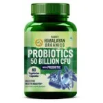 A bottle of dietary supplement labeled "Vlado's Himalayan Organics Probiotics" featuring 50 billion CFU and a note about prebiotic content. The bottle is vegetarian and claims to be a digestive health booster.