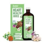 A graphical user interface for a health juice application featuring the Dabur brand. The screen displays text related to heart health, including "Arjuna promotes" and "Shallaki helps maintain healthy levels," alongside images of fruits and a bottle representing the juice product.