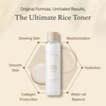 A diagram featuring text related to a rice toner product. The layout includes words such as "Original Formula," "Unrivaled Results," "Glowing Skin," "Moisturization," "Smooth," and other terms emphasizing skin benefits like hydration and collagen balance. The design prominently features the word "RICE" and visually represents concepts of water-oil production. Accompanying imagery suggests a bottle or lotion.
