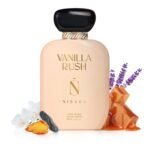 A bottle of perfume labeled "Vanilla Rush Nisara Pour Femme Eau de Parfum 100ml."
