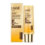 A collection of cosmetic products from Lakmé, featuring labels such as "Skin Perfect," "Sun Expert," and "Dry Matte Fluid." The packaging includes SPF 50 PA++++ and highlights features like quick absorption. The brand's logo is prominent, along with social media tags related to Lakmé.