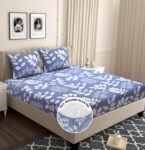 Amazon Brand – Umi 100% Cotton Fitted Bed Sheet for King Size Bed, Printed All Around Elastic Bedsheet (72 x 78 Inches) with 2 Pillow Covers | 210 TC Soft, Luxury Bedsheet (Lighe Blue & White)