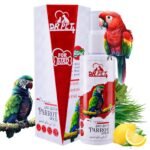 A group of birds perched on a box labeled with various text, including "DR.PET," "Natural Bird," and "Parrot Spray." The box features illustrations or images related to bird care products.