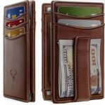 Contacts RFID Blocking Magnetic Closure Slim Genuine Leather Front Pocket Wallet for Men Holds up to 12 Cards Including 1 ID Window Along with Money Clip (Brown)