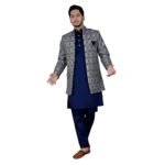Amzira Men’s Jacquard Casual Regular Printed Full Sleeve Knee Length Kurta Pyjama With Long Koti Jacket/Waistcoat 3 Piece Ethnic Wear Set