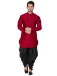 VASTRAMAY Mens Silk Blend Kurta And Dhoti Set – Classic Ethnic Attire| Curved Shape Pathani Style Men’s Mid Length Full Sleeves Mandarin Collar Kurta With Cowl Style Patiala Dhoti Pant Set