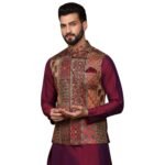 KISAH Men’s Ethnic Wear Regular Fit Printed Cotton Blend Multi-Maroon Nehru Jacket
