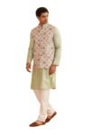 SOJANYA (Since 1958 Men’s Silk Blend Self Design Pista Green Kurta With Pyjama & Cream Nehru Jacket