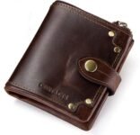 Contacts Men’s Genuine Leather Wallet | RFID Blocking | Bifold with Button Closure | 13 Card Slots Including 1 ID Window, 1 Zip Closure Currency Compartment (Brown)