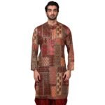 KISAH Men’s Maroon Printed Cotton Kurta – Regular Fit Long Tunic with Mandarin Collar | Ethnic Wear for Weddings & Festive Occasions