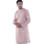 The Royal Ethnix Men’s Floral Print Cotton Only Kurta in Blush Pink | Stylish Ethnic Wear for Weddings, Festive Occasions & Day Events