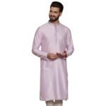 KISAH Men’s Kurta, Lavender Art Silk, Embroidered Regular Fit Long Sleeves Mandarin Collar