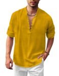 FINIVO FASHION Men’s Solid Cotton Blend Straight Kurta Shirt, Regular Fit Full Sleeve Short Kurta Shirt