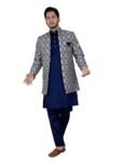 XEPON Mens Jacquard Sherwani Style Full Sleeve Blue Kurta Pajama with Long Jacket Ethnic Wear Set