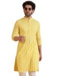 KISAH Men Straight Kurta Full Sleaves, Knee Length, Straight, Regular Fit, Mandarin Collar Ethnic Wear-Yellow