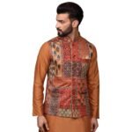 KISAH Men’s Ethnic Wear Regular Fit Printed Cotton Blend Multi-Orange Nehru Jacket