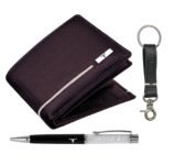 URBAN FOREST Shay Brown/Sand Leather Wallet, Diamond Pen & Keychain Combo Gift Set for Men