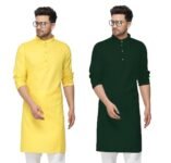 Fort Worth Cotton Traditional Men’s Kurta Shirt- Pack of 2, Ethnic Indian Wear (Yellow:Green, 42-XL)