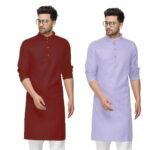 Fort Worth Cotton Traditional Men’s Kurta Shirt- Pack of 2, Ethnic Indian Wear (Red:Lavender, 36-S)
