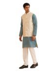 SOJANYA (Since 1958 Men’s Silk Blend Peacock Blue Kurta With Pyjamas & Cream Nehru Jacket