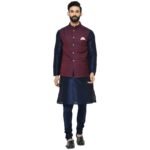 KISAH Men Red Layered Kurta Churidar With Nehru Jacket, Full Sleaves, Knee Length, Straight, Regular Fit, Mandarin Collar Ethnic wear