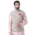 KISAH Men Off White Green Printed Nehru Jacket Ethnic Festive Waistcoat Cotton, Regular Fit