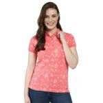 Monte Carlo Women’s Regular Fit Polo T-Shirt | Floral Pattern| Half Sleeve | Collared Neck | Casual Wear Tshirt for Women