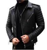 Men’s Black Leather Winter Jacket with Quilted Panels, Zipper Closure