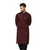 KISAH Men’s Maroon & Black Jacquard Silk Blend Kurta- Regular Fit Long Tunic with Mandarin Collar|Ethnic Wear for Weddings & Festive Occasions
