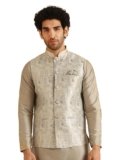 KISAH Men’s Nehru Jacket, Burgundy Jacquard, Woven Design Regular Fit Mandarin Collar Sleeveless